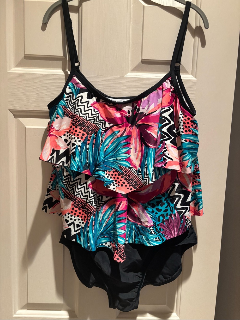 Maxine of Hollywood Pink & Teal Tropical Print 1-Piece Bathing Suit with Ruffles